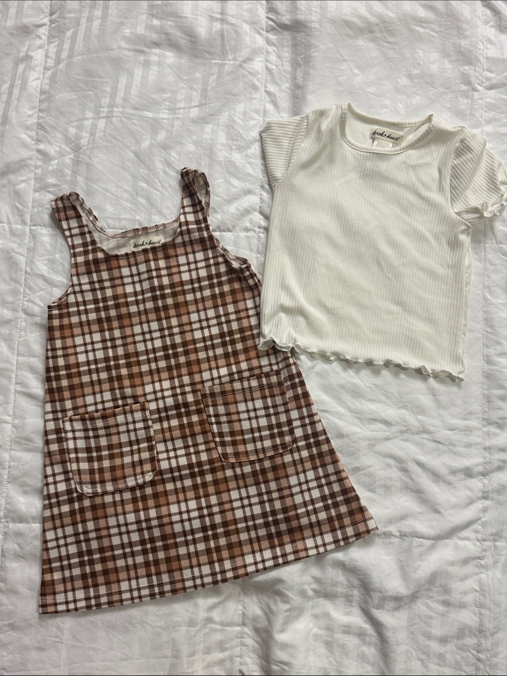 Derek Heart Cream Ribbed Tee with Brown Plaid Pinafore Set